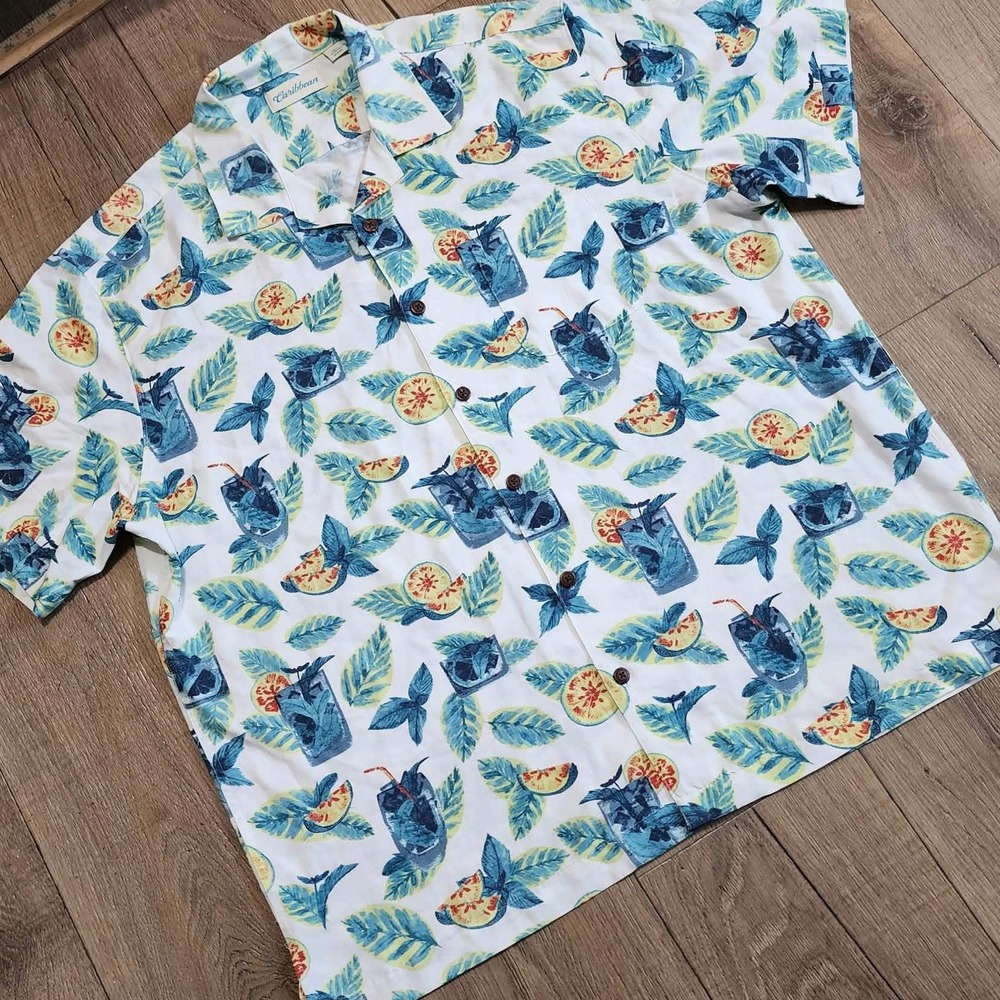 Caribbean Mens XL Tropical Cocktail Citrus Print Short Sleeve Button Down Shirt